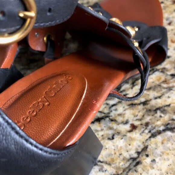 New SEE BY CHLOE Haya Black Leather Floral Stud Block-Heel Sandal SZ 7 MSRP $335 - Picture 7 of 8